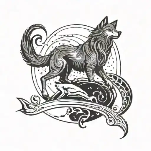 A Cosmic Scene With A Wolf Howling At The Moon While A Scorpion Holds The Sun