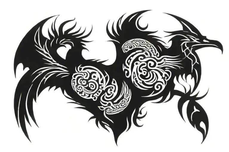 Symmetrical Dragon And Phoenix Facing Away From Each Other