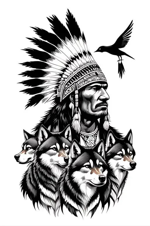 Native American Male With Wolf Headress With 3 Small Wolves And Small Garza Bird On The Right Side