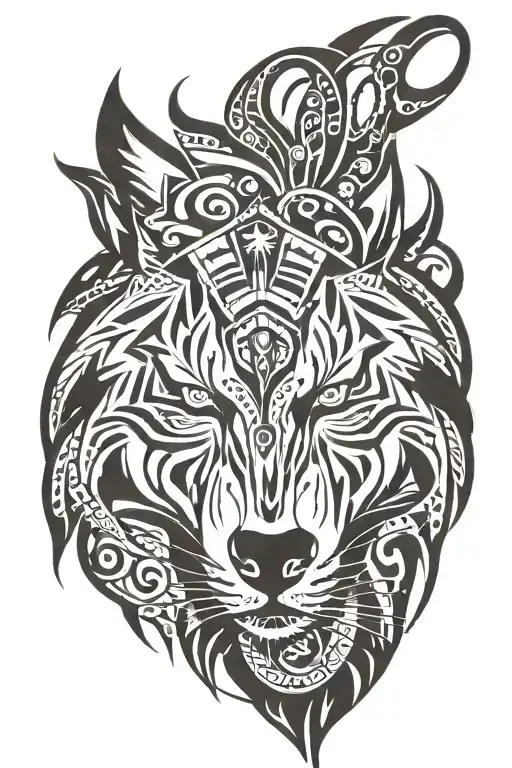 Tribal Design Incorporating Animals Of Nature Like A Wolf Or Tiger