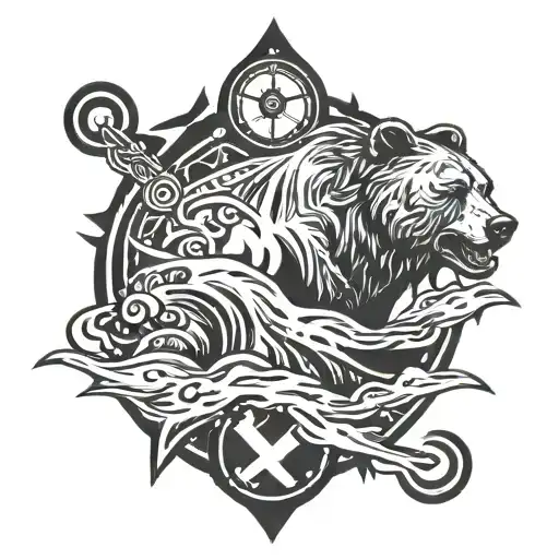Bear Roaring In The Sea With A Compass And Anchor By The Side