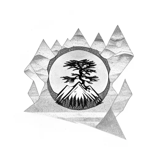 A Cedar Tree With Its Roots And An Owl's Eye Inside A Rhombus And A Mountain Inside The Moon