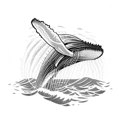 Humpback Whale Breaking Out Of The Sea Surface Vertically With Waves In The Background