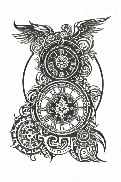 Tribal Design For Shoulder And Arm With A Roman Numeral Clock In The Center Of The Circle