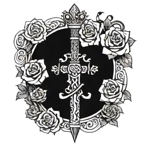 Sword Sorounded By Roses Intertwined With A Princess Crown On Top