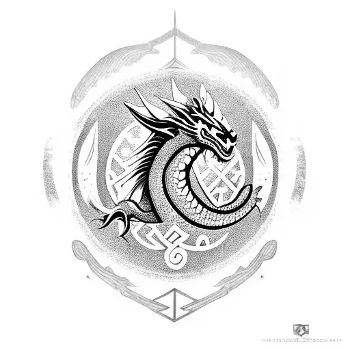 A Mystical Dragon Surrounded By Nordic Runes And Symbols