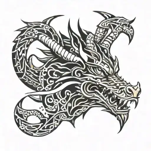 A Black Tattoo Design Of A Dragon's Face With Samurai Attributes