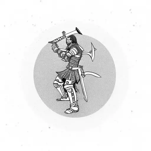 Warrior Holding Sword Facing Down To Floor With Lily Flowers Growing Around