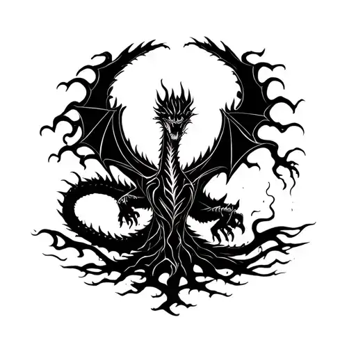Yggdrasil Tree And Black Huge Dragon Flying Fire Breathing Dragon