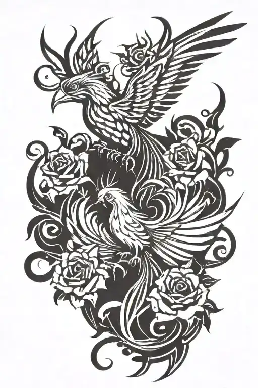 Phoenix Flying With Roses And Butterflies Fluttering