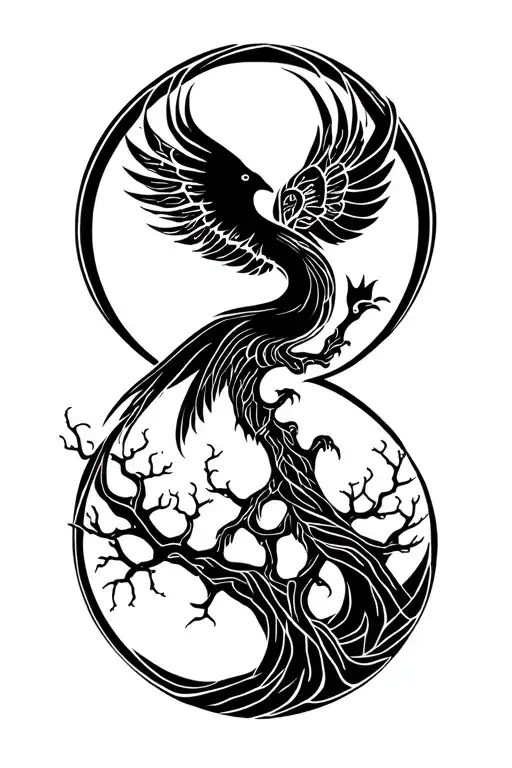 Tree Of Life And Rising Phoenix Intertwined Symbolizing