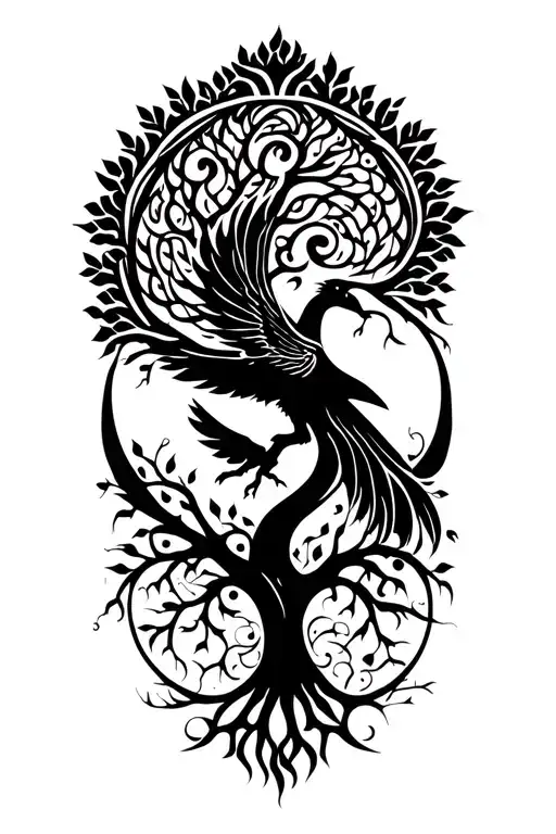Tree Of Life And Rising Phoenix Intertwined Symbolizing