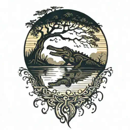 Alligator In The Water At Sunset Under A Live Oak Tree With Hanging Moss