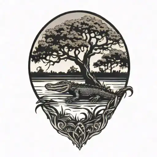 Alligator Under Live Oak Tree With Spanish Moss At Sunset