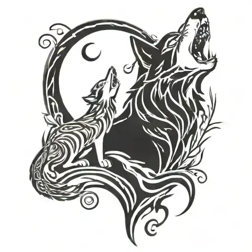 Cat And Wolf Howling At The Moon