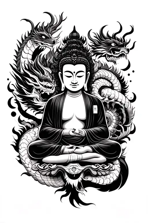 Buddha And Dragon With Japanese Themes Surrounding