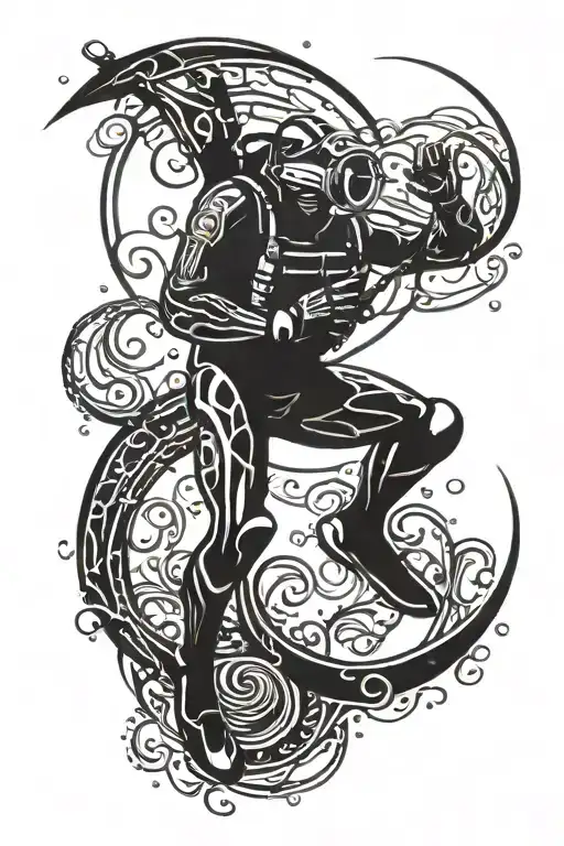 Diver Under Water With Light Rays From The Moon