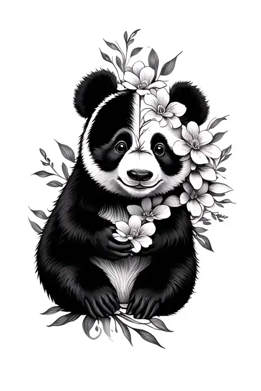 Cute Panda With Half Face As Flowers Intertwined