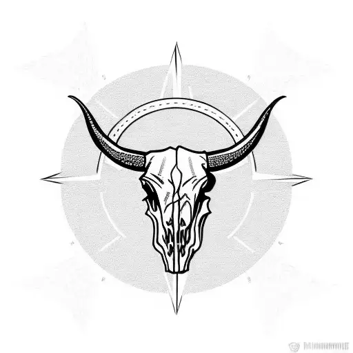 Longhorn Skull With A Compass And Trees