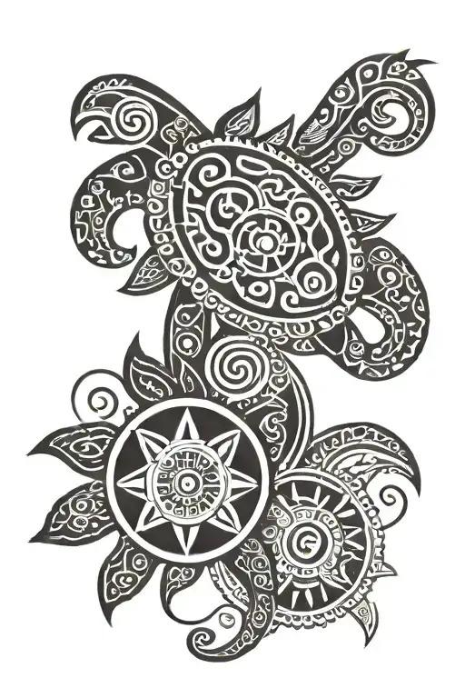 Maori Style Leg Tatoo With Turtle And God Of The Sun