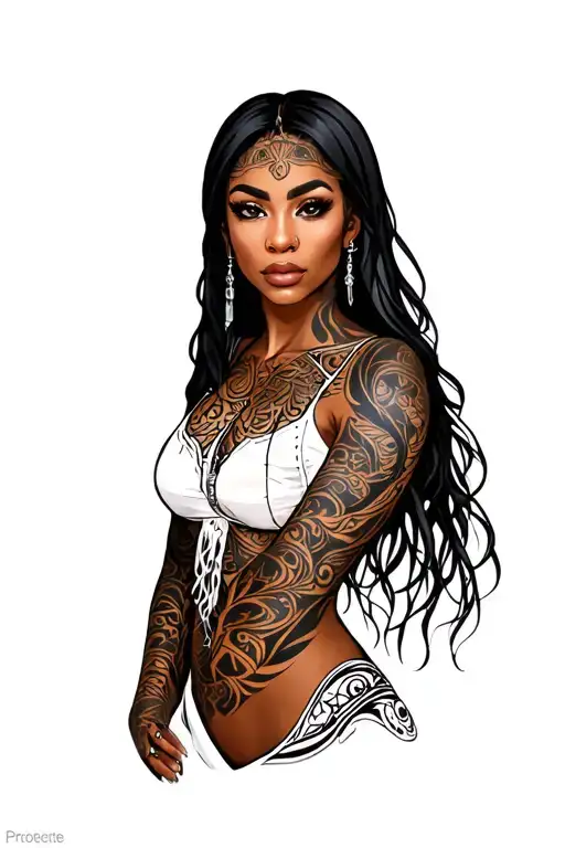 Full Sleeves On A Dark Olive Skinned Woman That Has Facial Piercings And Long Black Hair