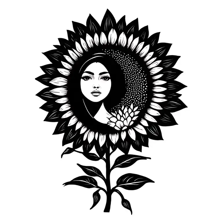 Sunflower With Sun Rays -Shaped Leaves And A Female Face Coming Out On The One Hand