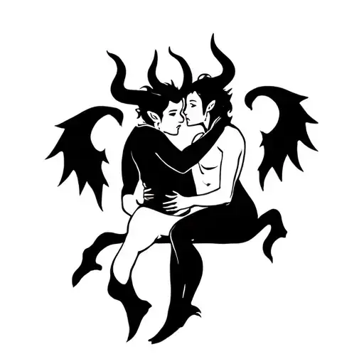 Devils Cupids With Horns And Tails Sit In A Hug In The Style Of Gothic