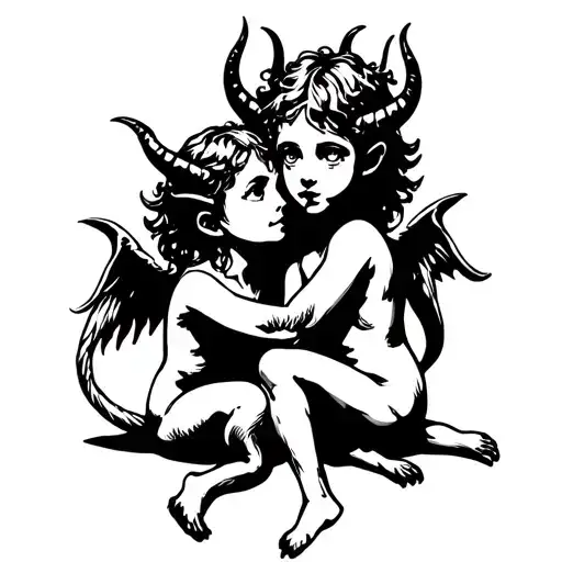 Small Devils Cupids With Horns And Tails Sit In A Hug In The Style Of Gothic