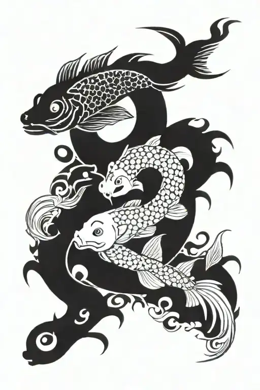 Koi Fish Swiming Yin And Yang With Dragon
