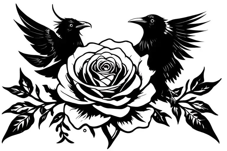 Flying Raven On Rose With A Bee