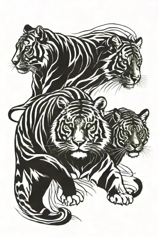 Male And Female Tiger With Cub And Eucalptus