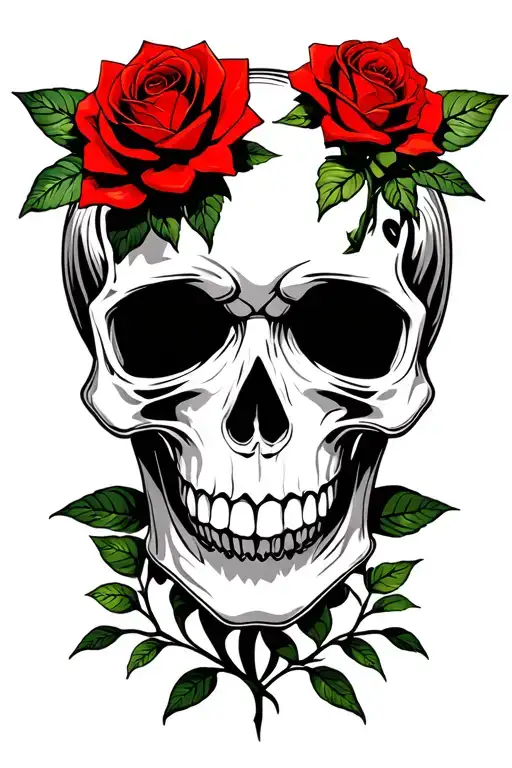 Skull And Red Roses Growing