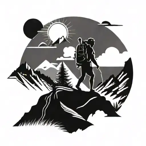 Hiker In Mountains With Sun