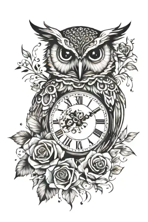 Watercolor Owl With Stomach Clock And Roses