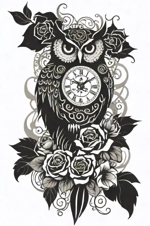 Owl With Clock Stomach And Roses Blooming