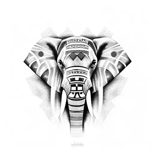 A Dotwork Tattoo Of An Elephant Face Surrounded By Various Art Supplies Like Paint Tubes And Pencils