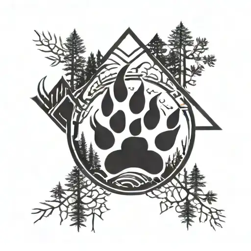 Dog Paw Print With Nature Element Like Mountains And Trees