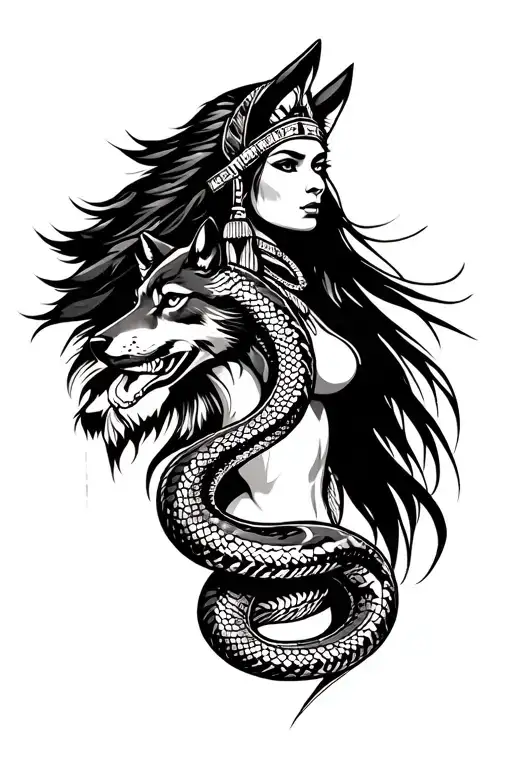 Native American Female Right Arm With Snake And Wolf