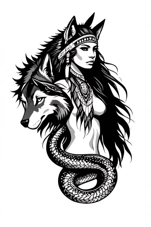Native American Female Right Arm With Snake And Wolf