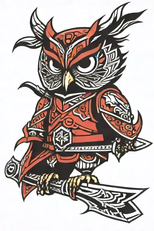 Cartoon Owl In Red Samurai Armor With A Katana
