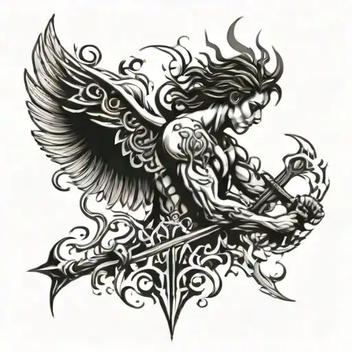 A Full Chest Tattoo Of An Angel Holding A Sword With Flames On The Back