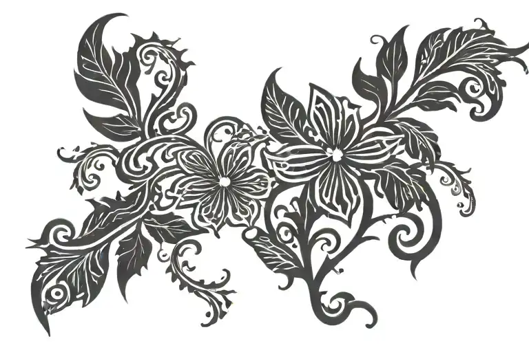 Small Flowers On Vine Aurrounded By Fern Leaf