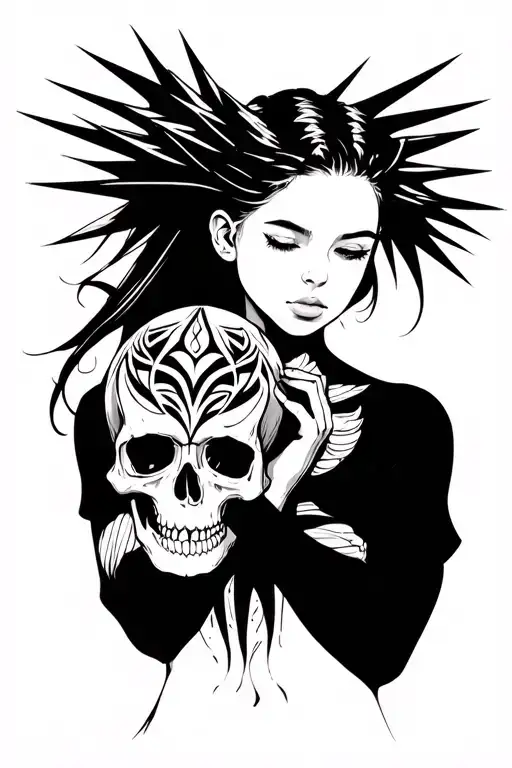 Long -Haired Girl In Spikes Holds The Skull