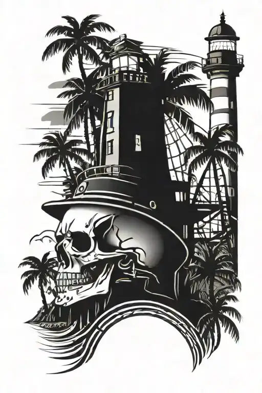 Skull With Construction Hat Palm Trees & A Lighthouse