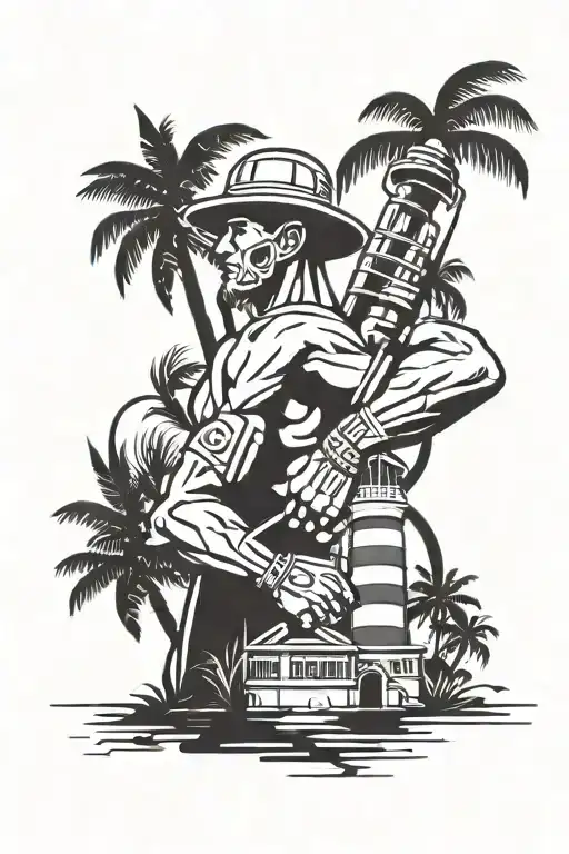 Warrior With Construction Hat Palm Trees & A Lighthouse
