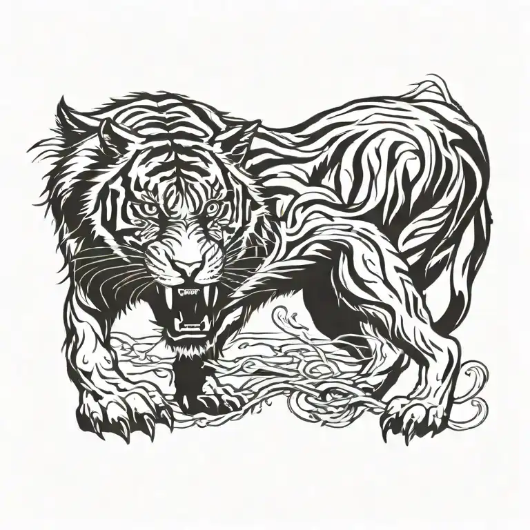 A Tiger Figthing A Wolf