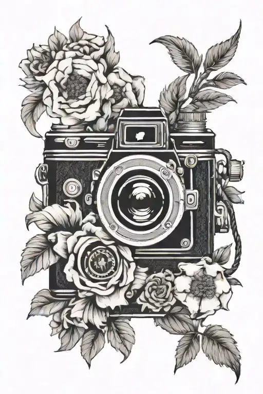 A Detailed Portrait Of A Vintage Camera Intertwined With Blooming Flowers