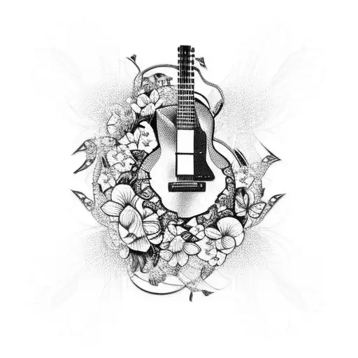 A Guitar With Braided Strings Surrounded By Flowers And Butterflies