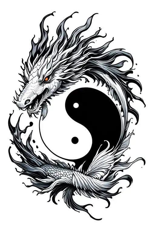 One Fire Dragon And One Water Koi Fish Separated By A Yin Yang Symbol