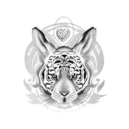 A Sketch-style Tattoo Of A Bunny And A Tiger With Love And Water Pattern